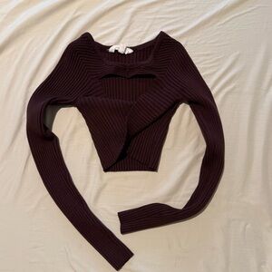 Ribbed Cropped Brown Long Sleeve Top